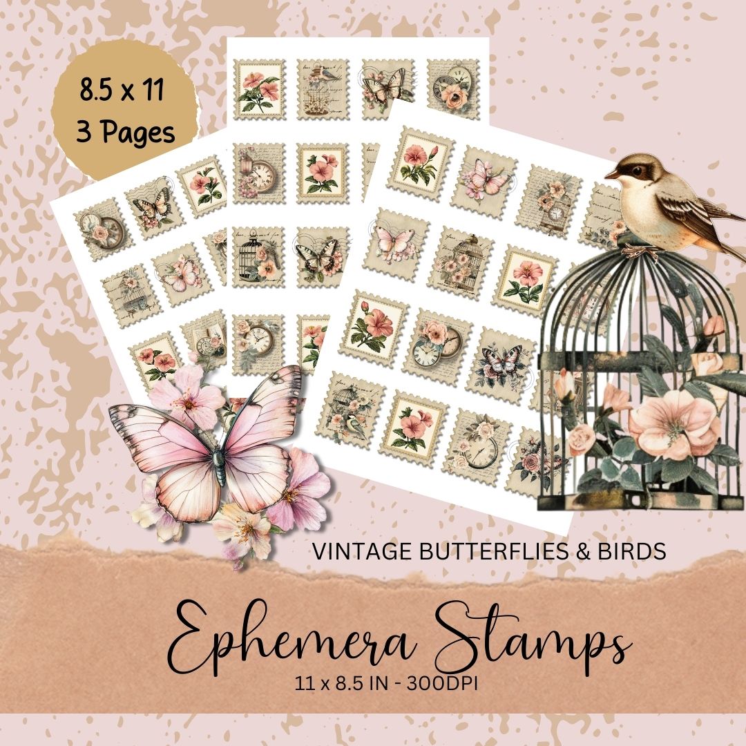 Birds n Butterflies Vintage Junk Journal Ephemera - Scrapbooking - Antique Stamps - Shabby Chic
