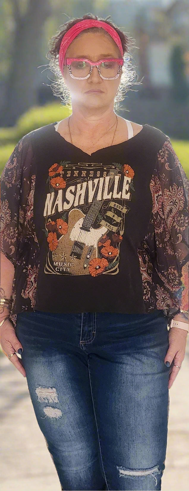 One-of-a-Kind Upcycled Boho Top – Nashville Guitar Graphic with Batwing Sleeves