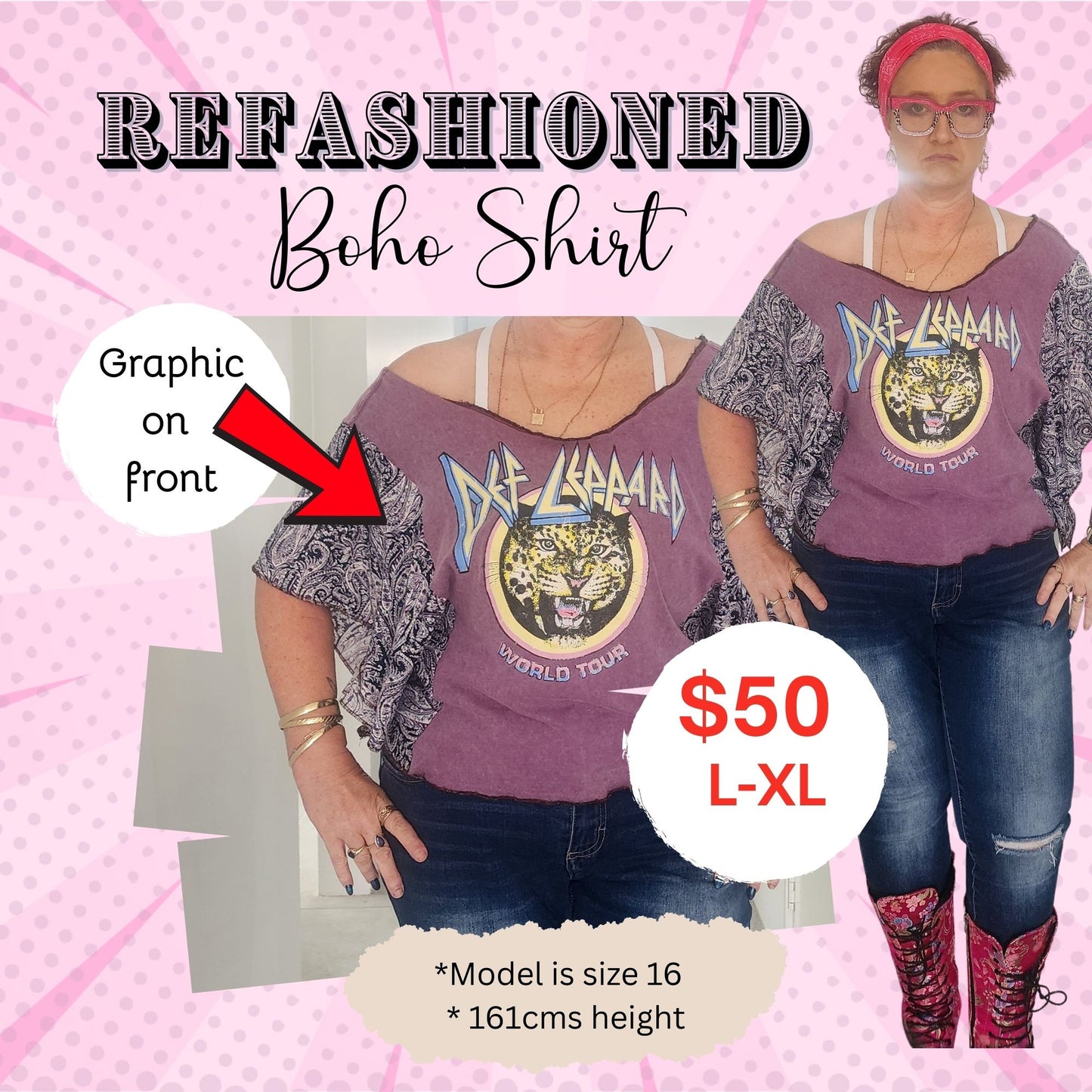Handmade Upcycled Boho Top – Leopard Tour Graphic with Flowy Sleeves