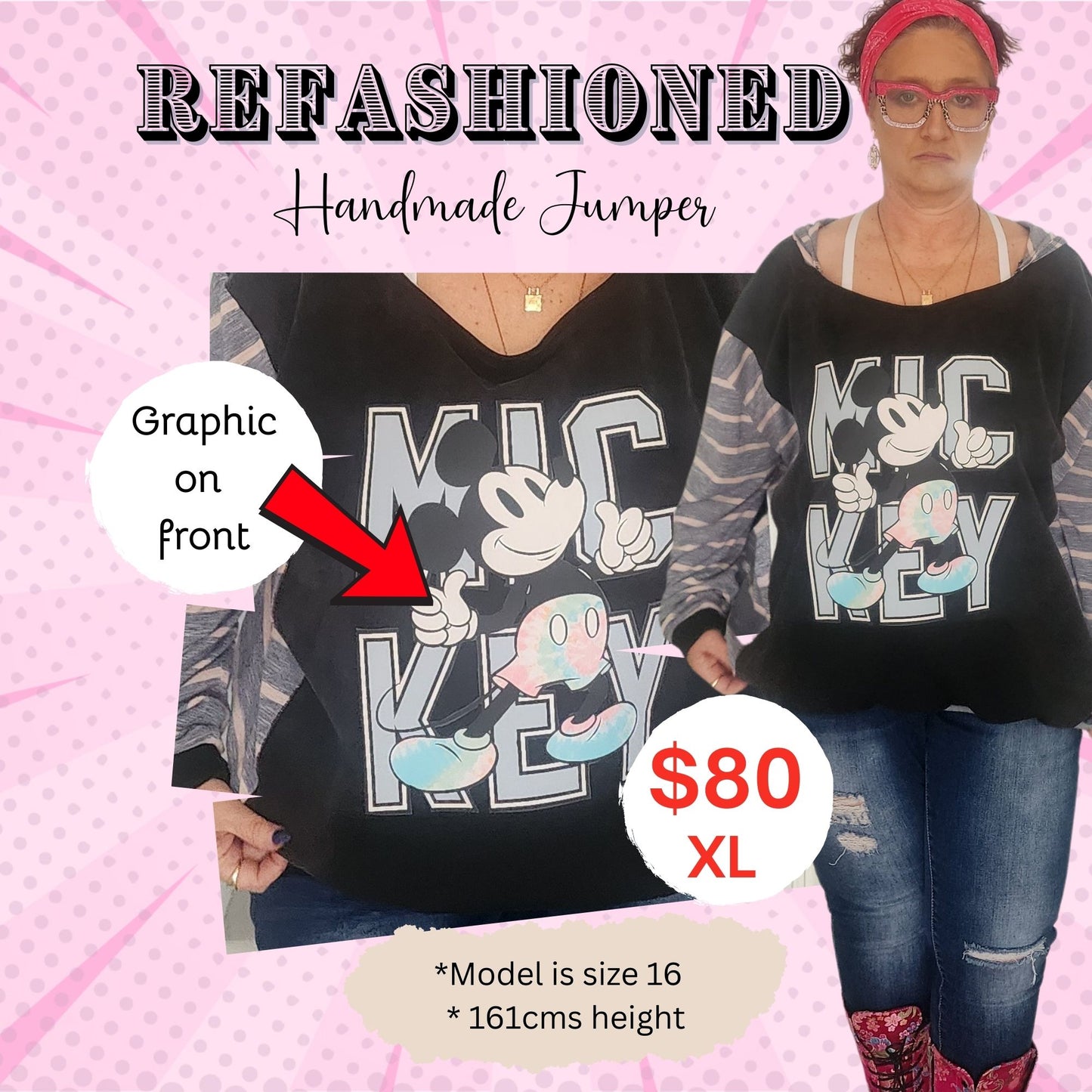 One-of-a-Kind Upcycled Jumper – Mickey Mouse with Striped Sleeves
