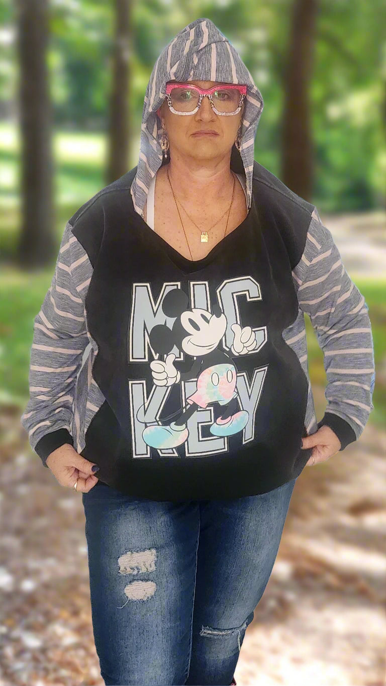 One-of-a-Kind Upcycled Jumper – Mickey Mouse with Striped Sleeves