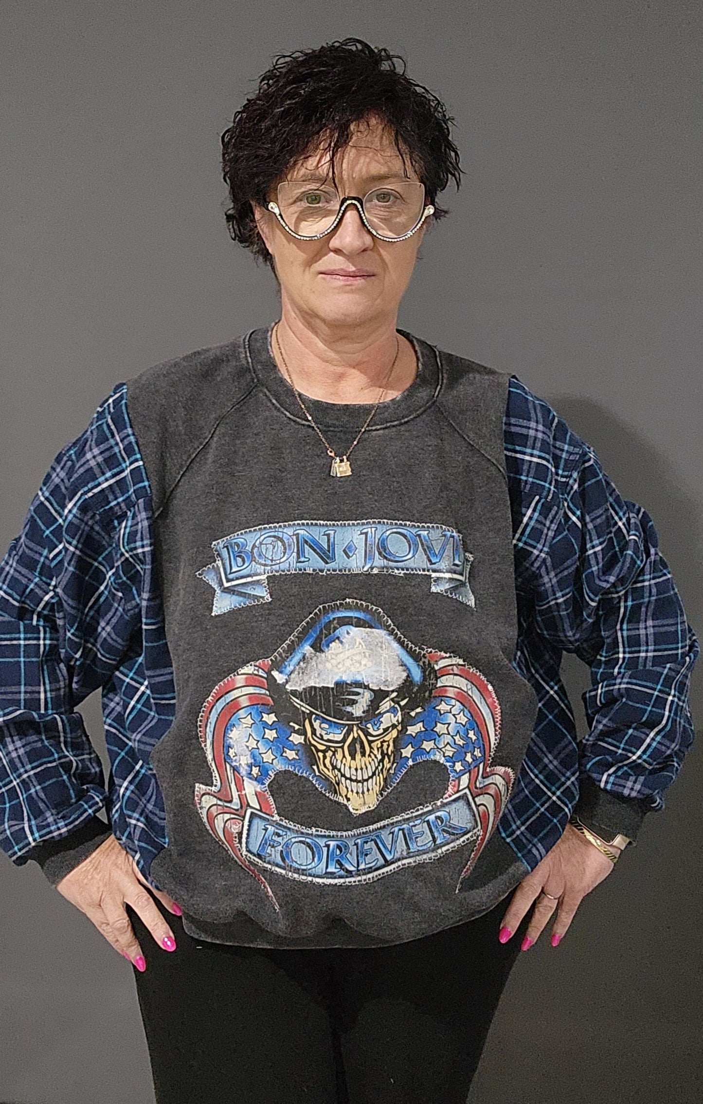 Handmade Upcycled Jumper – Skull & Flag Graphic with Flannel Sleeves (XL–2XL)