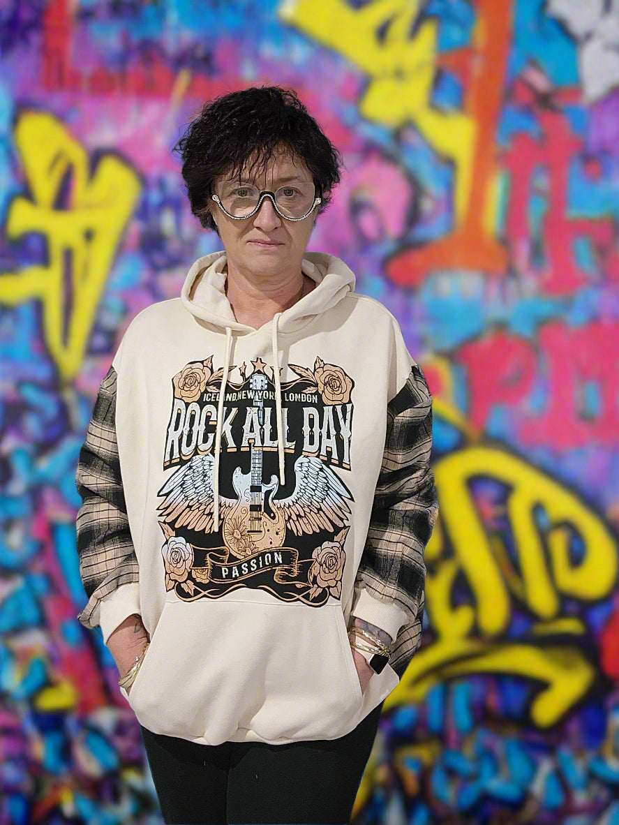 Rock All Day Handmade Upcycled Hoodie – XL–2XL