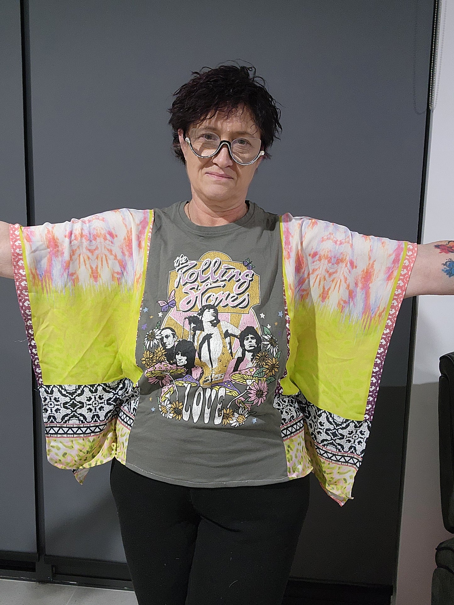 Handmade Upcycled Boho Top – Retro Rock Graphic with Flowy Sleeves