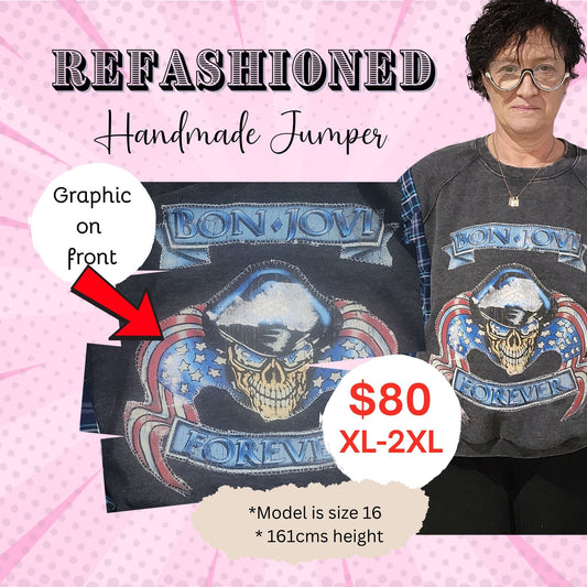 Handmade Upcycled Jumper – Skull & Flag Graphic with Flannel Sleeves (XL–2XL)
