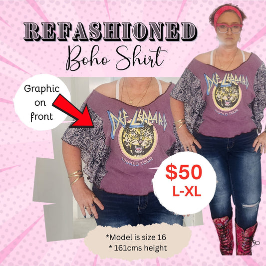 Handmade Upcycled Boho Top – Leopard Tour Graphic with Flowy Sleeves