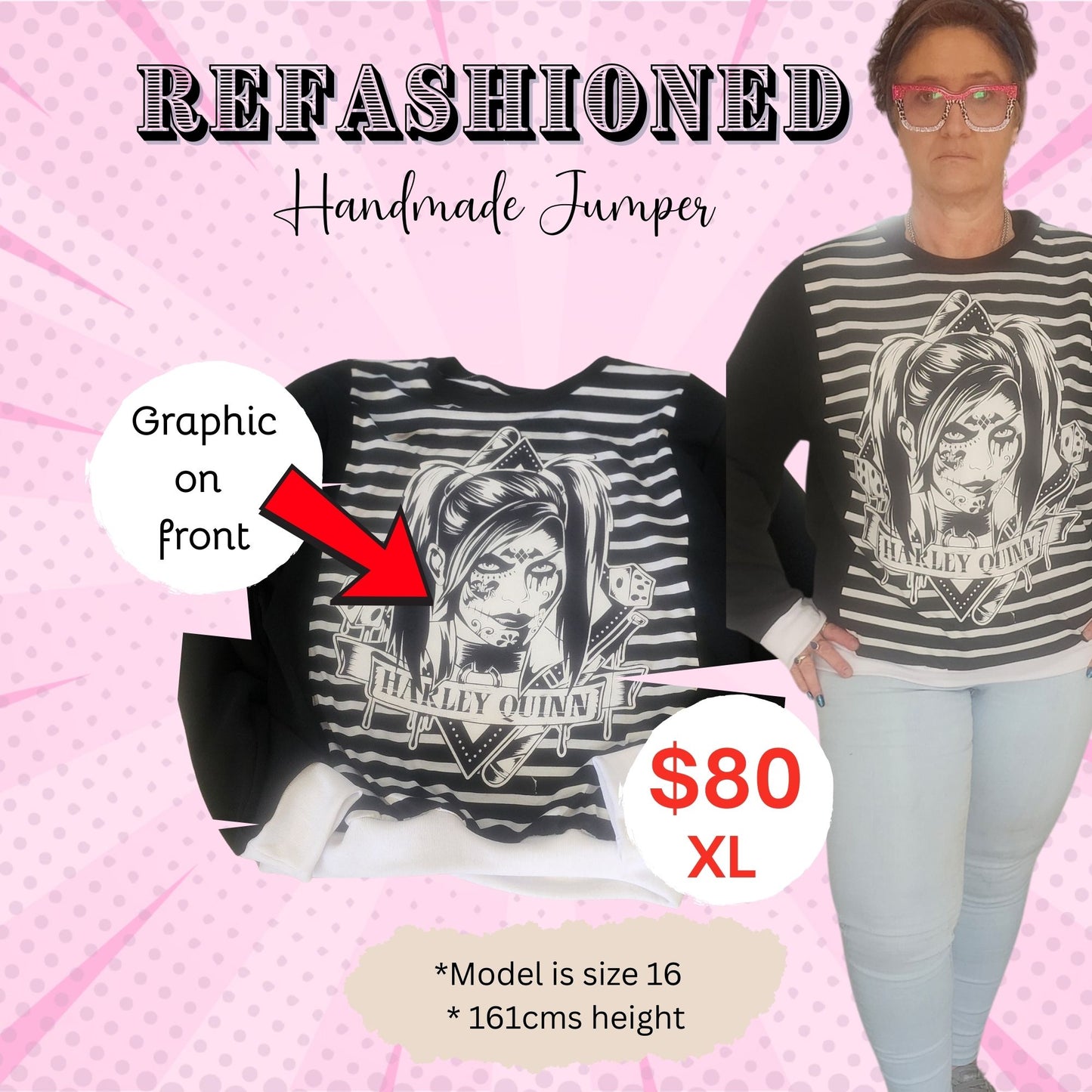 One-of-a-Kind Upcycled Jumper – Harley Quinn Graphic