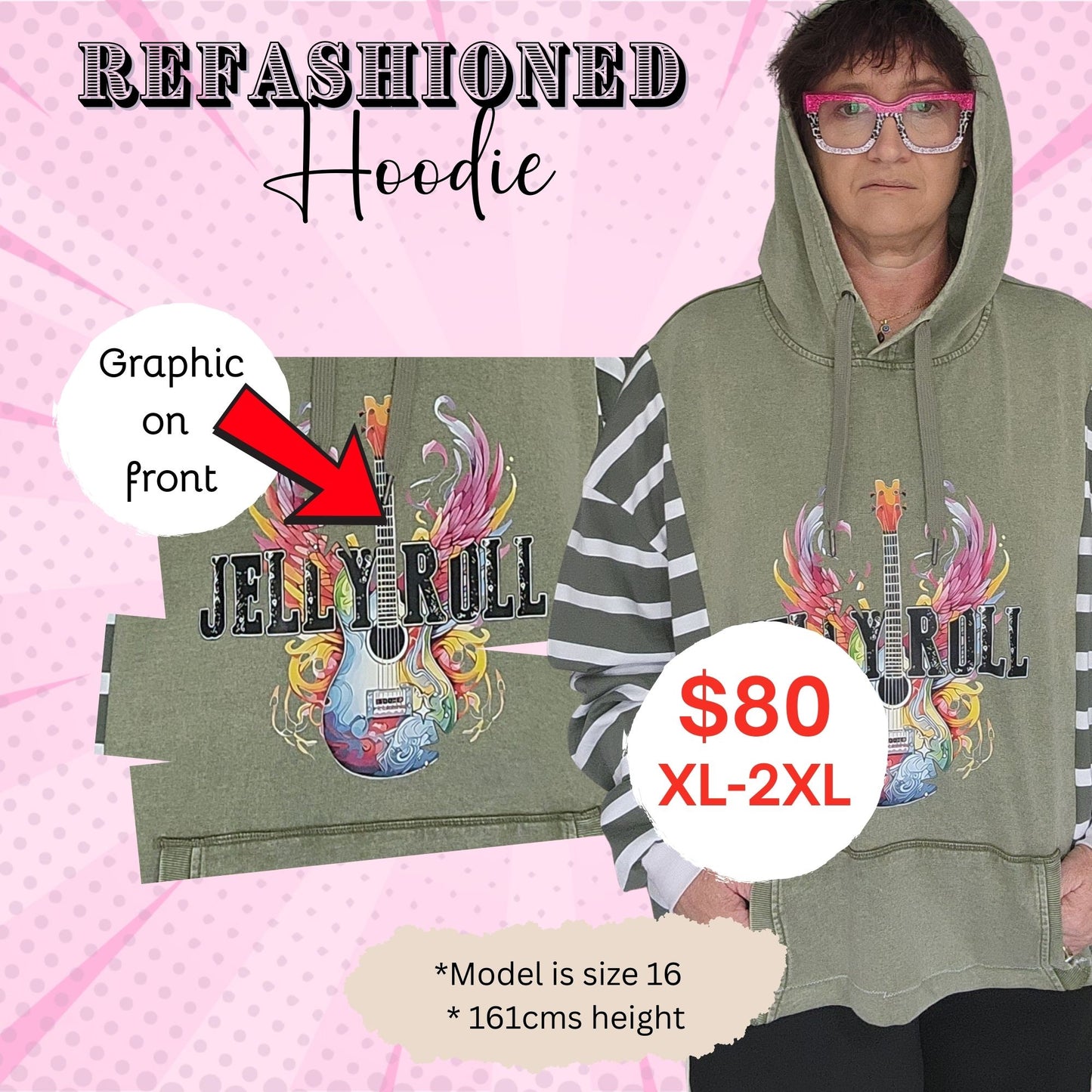 Handmade Upcycled Hoodie | Music Graphic | Concert Clothing | Guitar | Country Festival Attire | Long Sleeved Jumper | Plus Size Clothing
