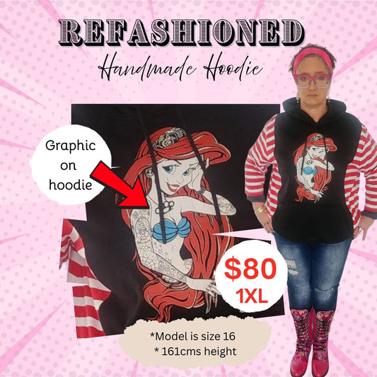One-of-a-Kind Upcycled Hoodie – Handmade Ariel Graphic with Striped Sleeves