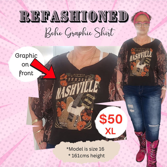 One-of-a-Kind Upcycled Boho Top – Nashville Guitar Graphic with Batwing Sleeves