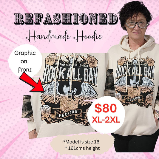 Rock All Day Handmade Upcycled Hoodie – XL–2XL