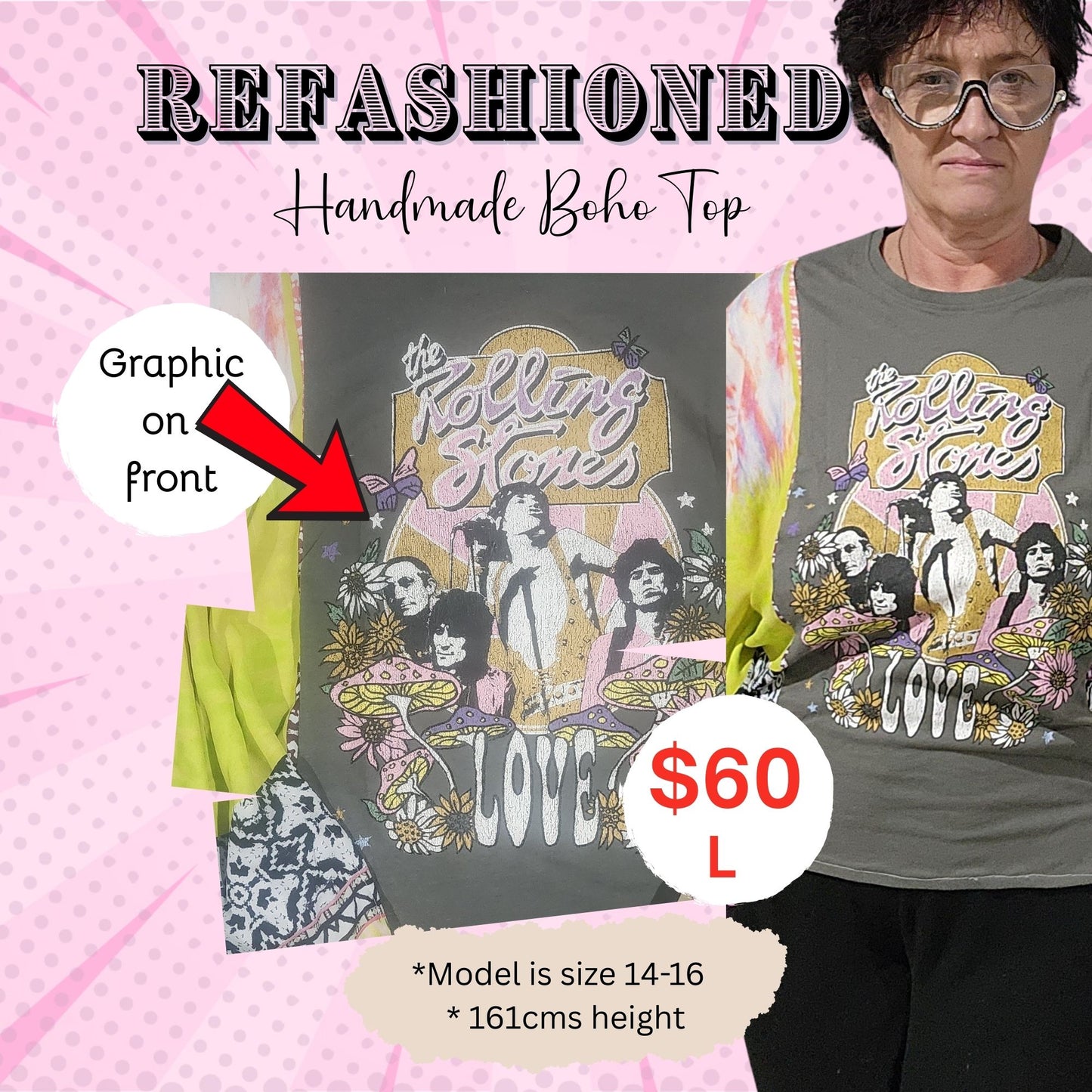 Handmade Upcycled Boho Top – Retro Rock Graphic with Flowy Sleeves