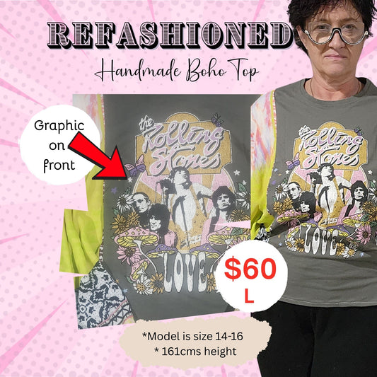 Handmade Upcycled Boho Top – Retro Rock Graphic with Flowy Sleeves